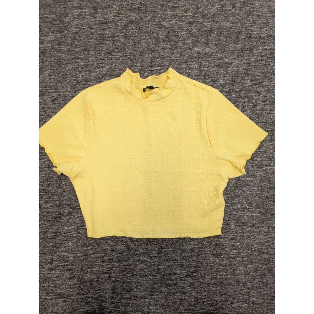 Shinestar Crop Top Women's Large Yellow Smocked Mock Neck Short Sleeve